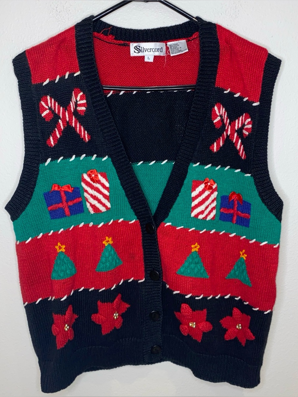 Vintage Silvercord Ugly Holiday Sweater Vest Size Woman’s L Candy Cane Presents
